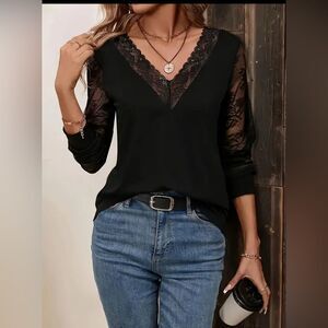 NWOT Ladies V neck black & lace trim  XL
